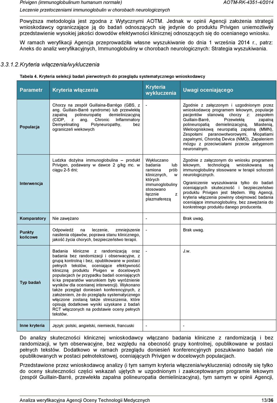 klinicznej odnoszących się do ocenianego wniosku. W ramach weryfikacji Agencja przeprowadziła własne wyszukiwanie do dnia 1 września 2014 r.