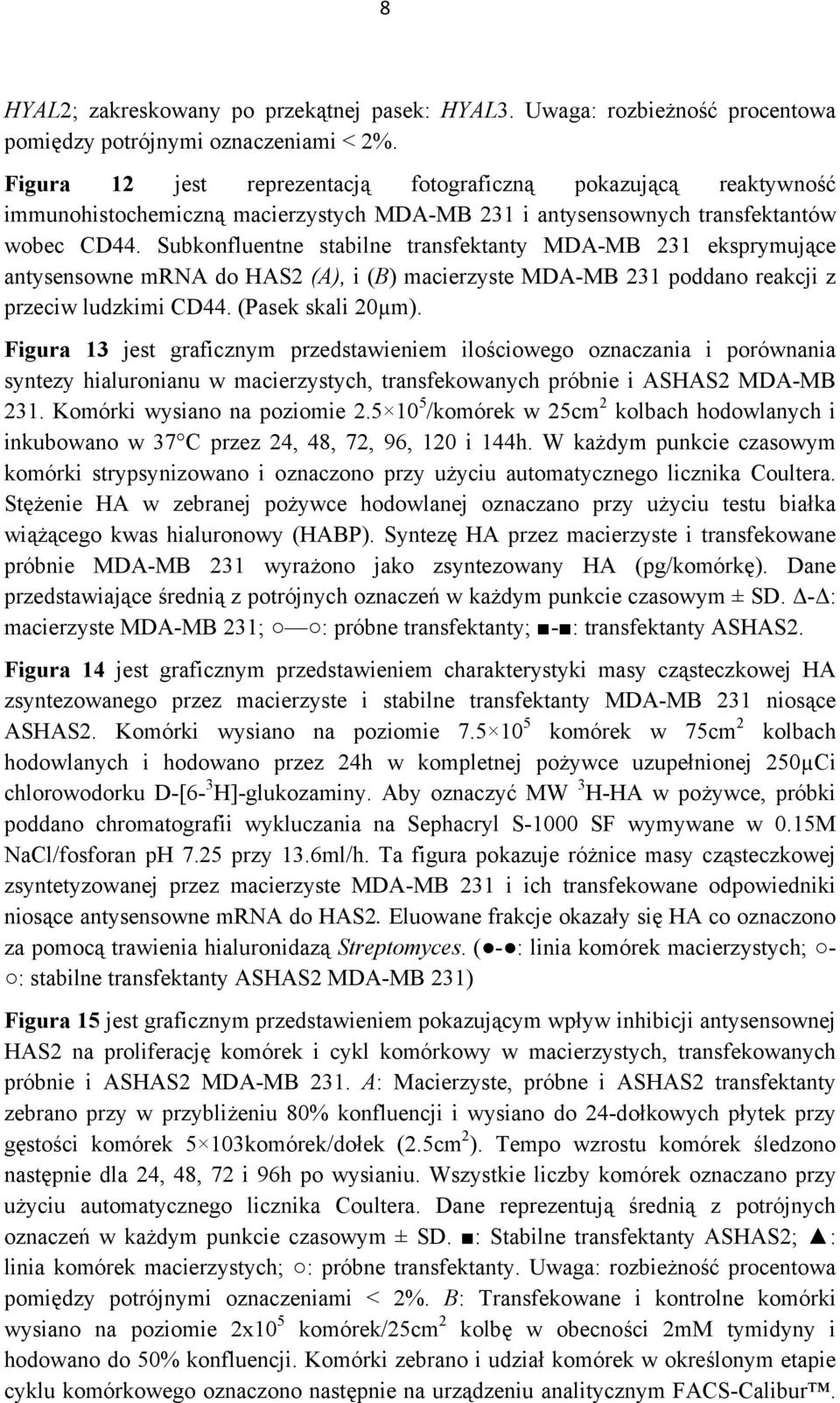 Subkonfluentne stabilne transfektanty MDA-MB 231 eksprymujące antysensowne mrna do HAS2 (A), i (B) macierzyste MDA-MB 231 poddano reakcji z przeciw ludzkimi CD44. (Pasek skali 20µm).