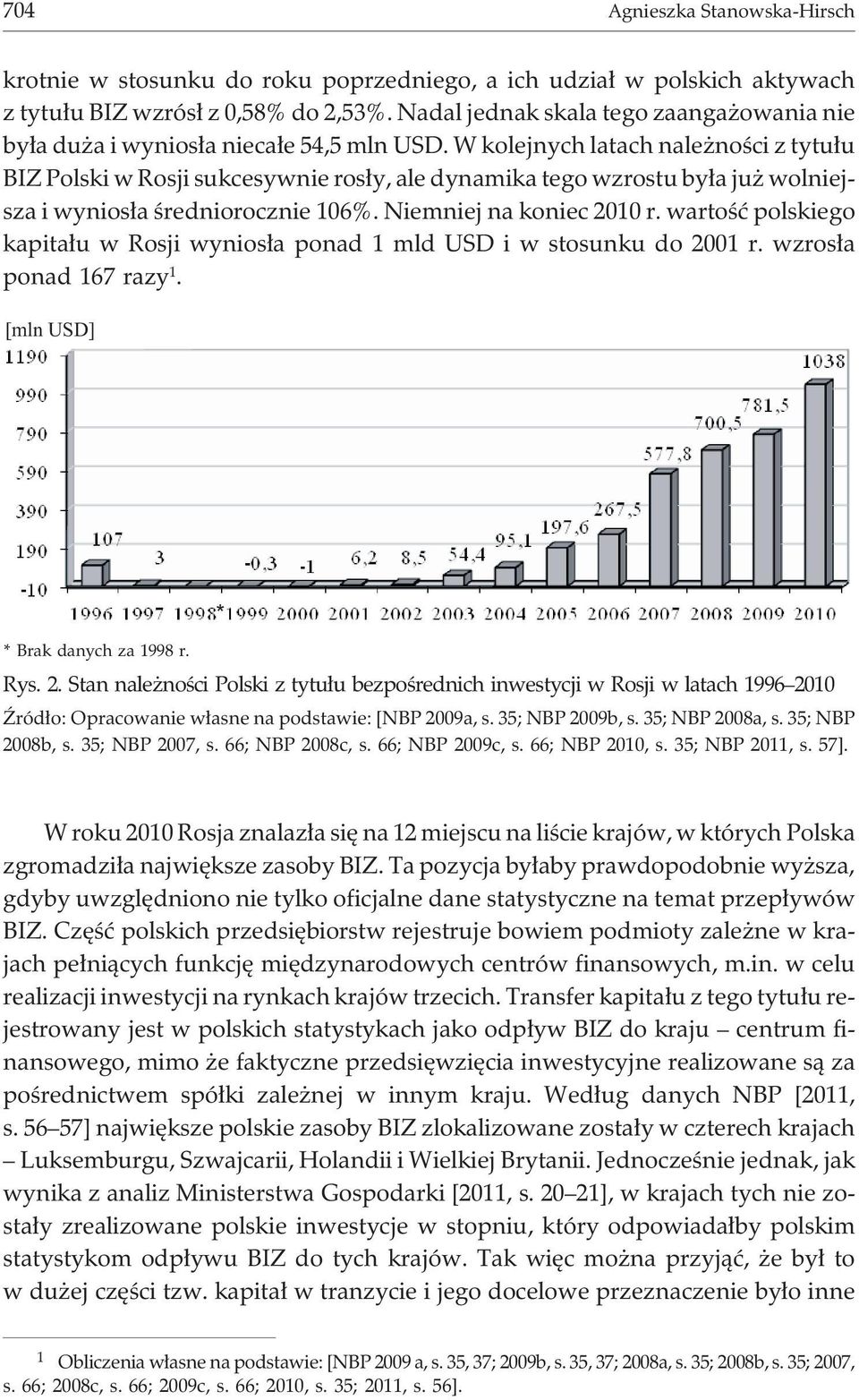 W kolejnych latach nale noœci z tytu³u BIZ Polski w Rosji sukcesywnie ros³y, ale dynamika tego wzrostu by³a ju wolniejsza i wynios³a œredniorocznie 106%. Niemniej na koniec 2010 r.