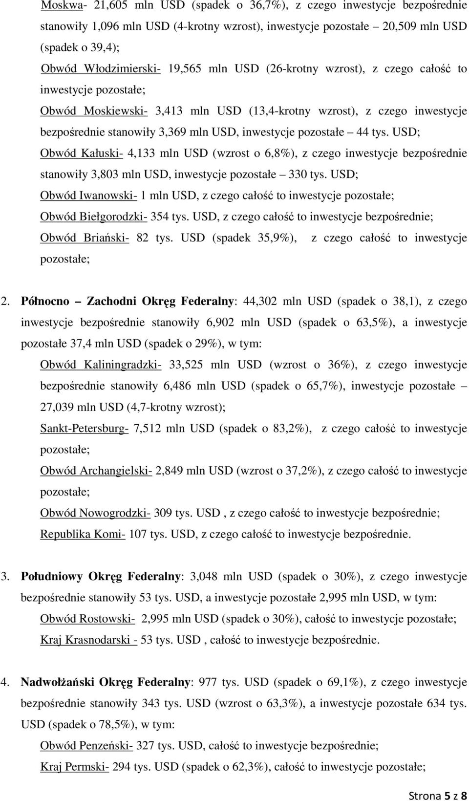 USD; Obwód Kałuski- 4,133 mln USD (wzrst 6,8%), z czeg inwestycje bezpśrednie stanwiły 3,803 mln USD, inwestycje pzstałe 330 tys.