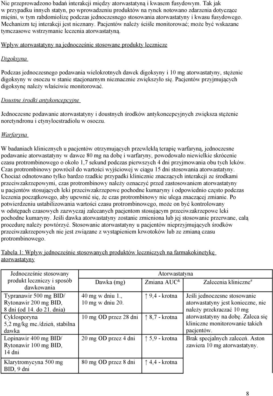 Mechanizm tej interakcji jest nieznany. Pacjentów należy ściśle monitorować; może być wskazane tymczasowe wstrzymanie leczenia atorwastatyną.