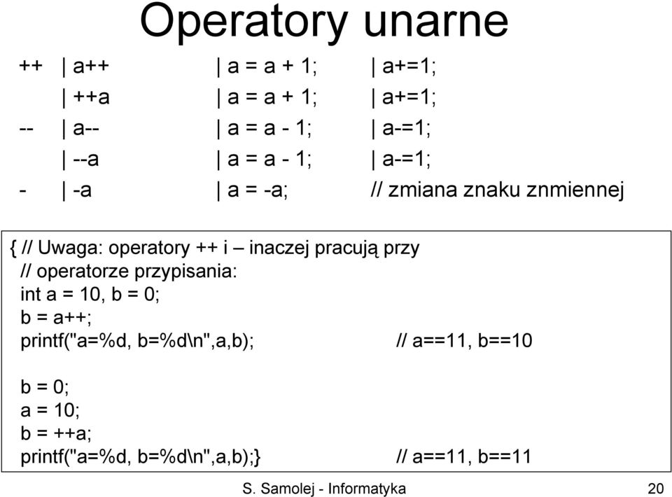 przy // operatorze przypisania: int a = 10, b = 0; b = a++; printf("a=%d, b=%d\n",a,b); //