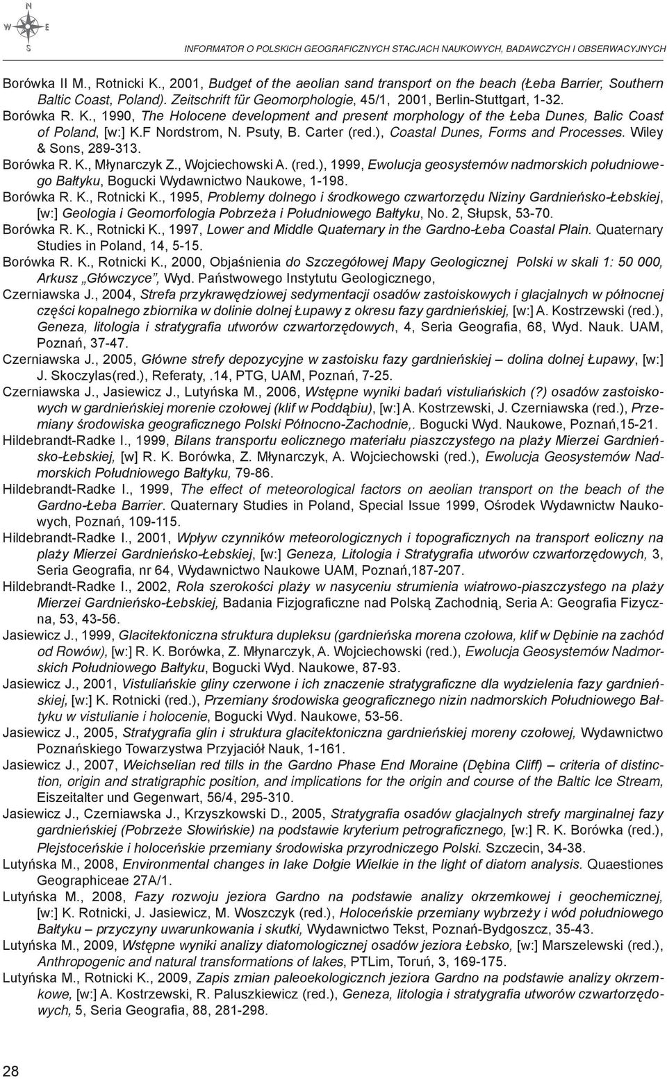 , 1990, The Holocene development and present morphology of the Łeba Dunes, Balic Coast of Poland, [w:] K.F Nordstrom, N. Psuty, B. Carter (red.), Coastal dunes, Forms and Processes.