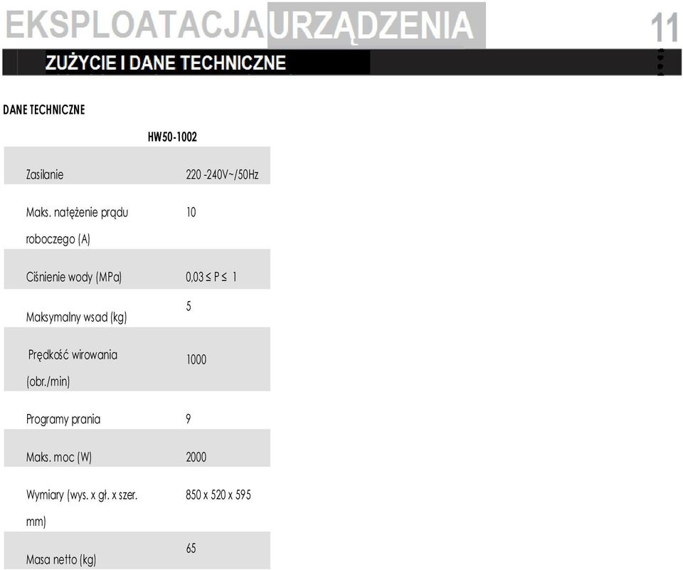 0,03 P 1 Maksymalny wsad (kg) 5 Prędkość wirowania (obr.