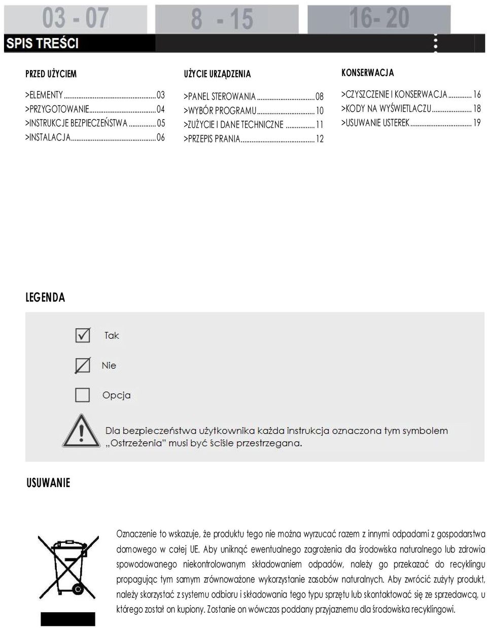 .. 19 LEGENDA USUWANIE Oznaczenie to wskazuje, że produktu tego nie można wyrzucać razem z innymi odpadami z gospodarstwa domowego w całej UE.