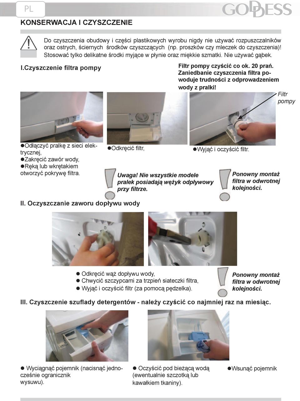 Zaniedbanie czyszczenia filtra powoduje trudności z odprowadzeniem wody z pralki! Filtr pompy Odłączyć pralkę z sieci elektrycznej, Zakręcić zawór wody, Ręką lub wkrętakiem otworzyć pokrywę filtra.