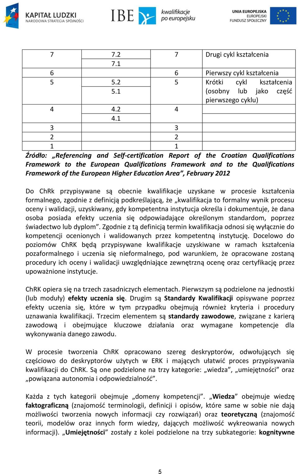 Higher Education Area, February 2012 Do ChRk przypisywane są obecnie kwalifikacje uzyskane w procesie kształcenia formalnego, zgodnie z definicją podkreślającą, że kwalifikacja to formalny wynik