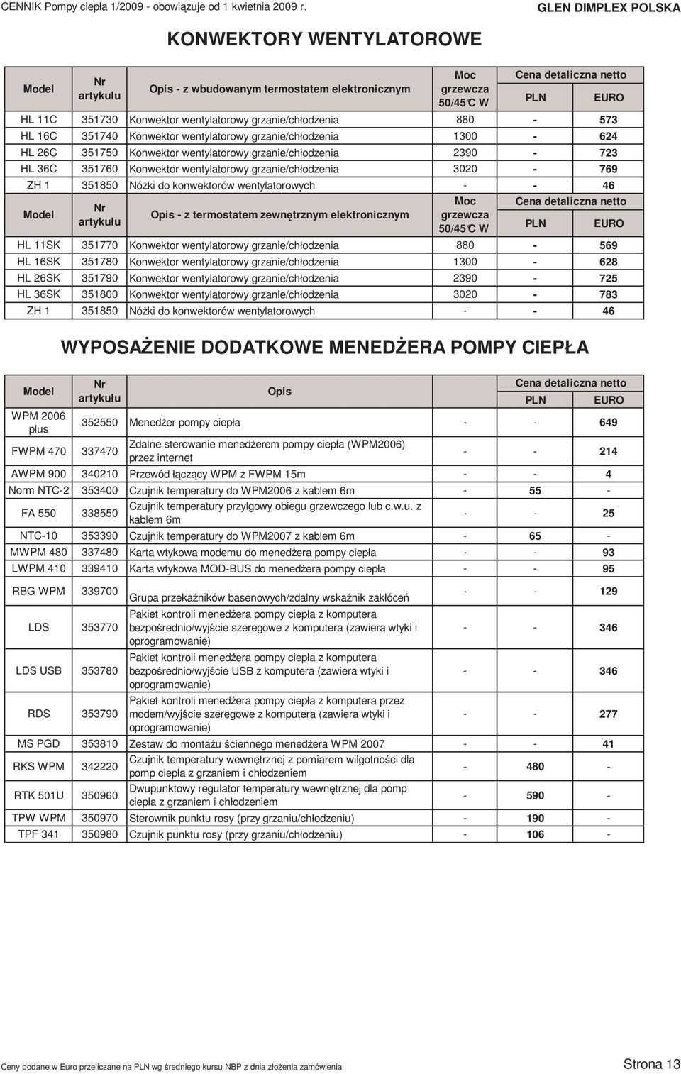 Opis - z termostatem zewnętrznym elektronicznym Moc grzewcza 50/45 C W Moc grzewcza 50/45 C W HL 11SK 351770 Konwektor wentylatorowy grzanie/chłodzenia 880-569 HL 16SK 351780 Konwektor wentylatorowy