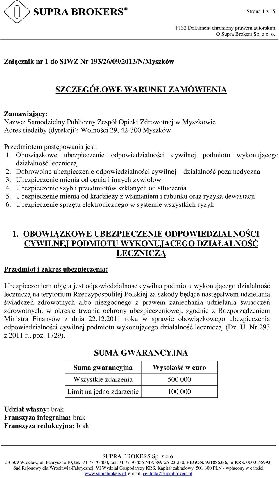 Dobrowolne ubezpieczenie odpowiedzialności cywilnej działalność pozamedyczna 3. Ubezpieczenie mienia od ognia i innych żywiołów 4. Ubezpieczenie szyb i przedmiotów szklanych od stłuczenia 5.