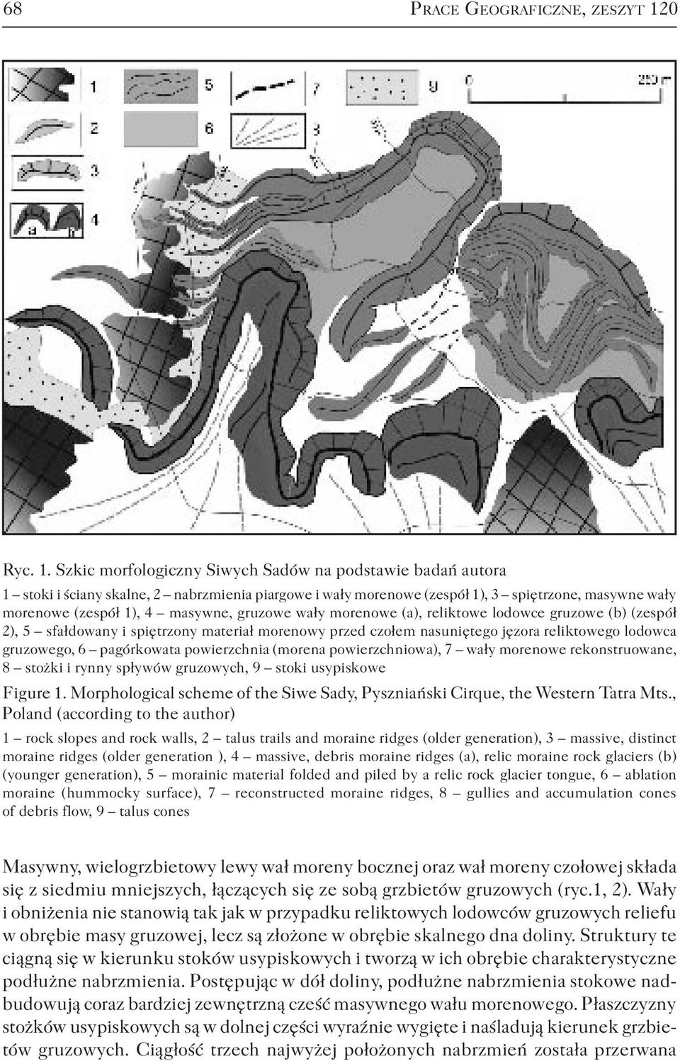 Szkic morfologiczny Siwych Sadów na podstawie badań autora 1 stoki i ściany skalne, 2 nabrzmienia piargowe i wały morenowe (zespół 1), 3 spiętrzone, masywne wały morenowe (zespół 1), 4 masywne,
