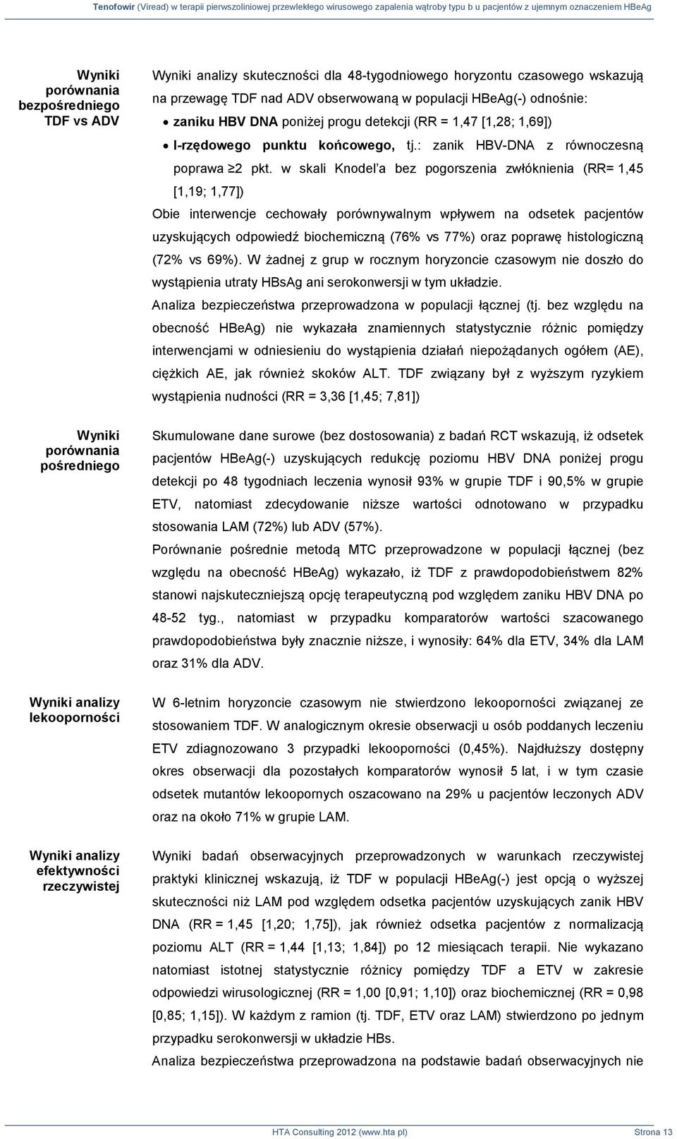 w skali Knodel a bez pogorszenia zwłóknienia (RR= 1,45 [1,19; 1,77]) Obie interwencje cechowały porównywalnym wpływem na odsetek pacjentów uzyskujących odpowiedź biochemiczną (76% vs 77%) oraz