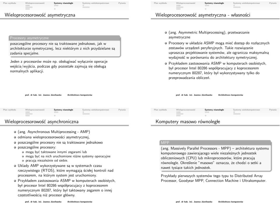 Asymmetric Multiprocessing) przetwarzanie asymetryczne Procesory w uk ladzie ASMP moga mieć dostep do roz l acznych zestawów urzadzeń peryferyjnych.