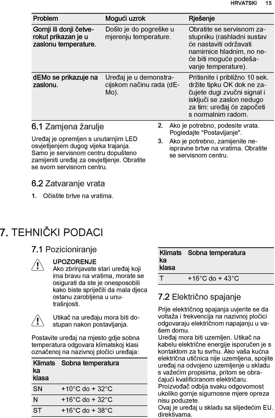 Obratite se svom servisnom centru. 6.2 Zatvaranje vrata 1. Očistite brtve na vratima.