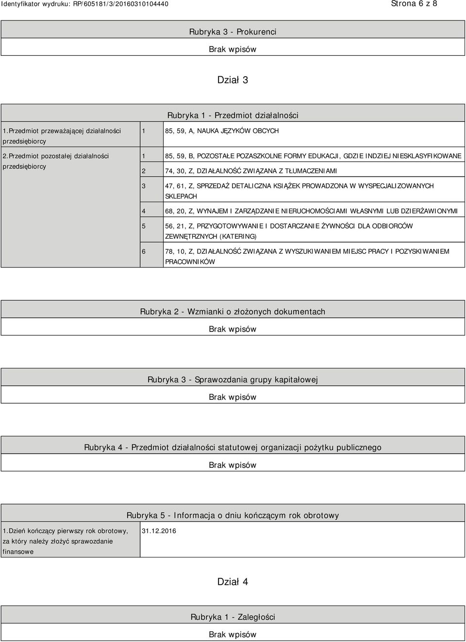 TŁUMACZENIAMI 3 47, 61, Z, SPRZEDAŻ DETALICZNA KSIĄŻEK PROWADZONA W WYSPECJALIZOWANYCH SKLEPACH 4 68, 20, Z, WYNAJEM I ZARZĄDZA RUCHOMOŚCIAMI WŁASNYMI LUB DZIERŻAWIONYMI 5 56, 21, Z, PRZYGOTOWYWA I