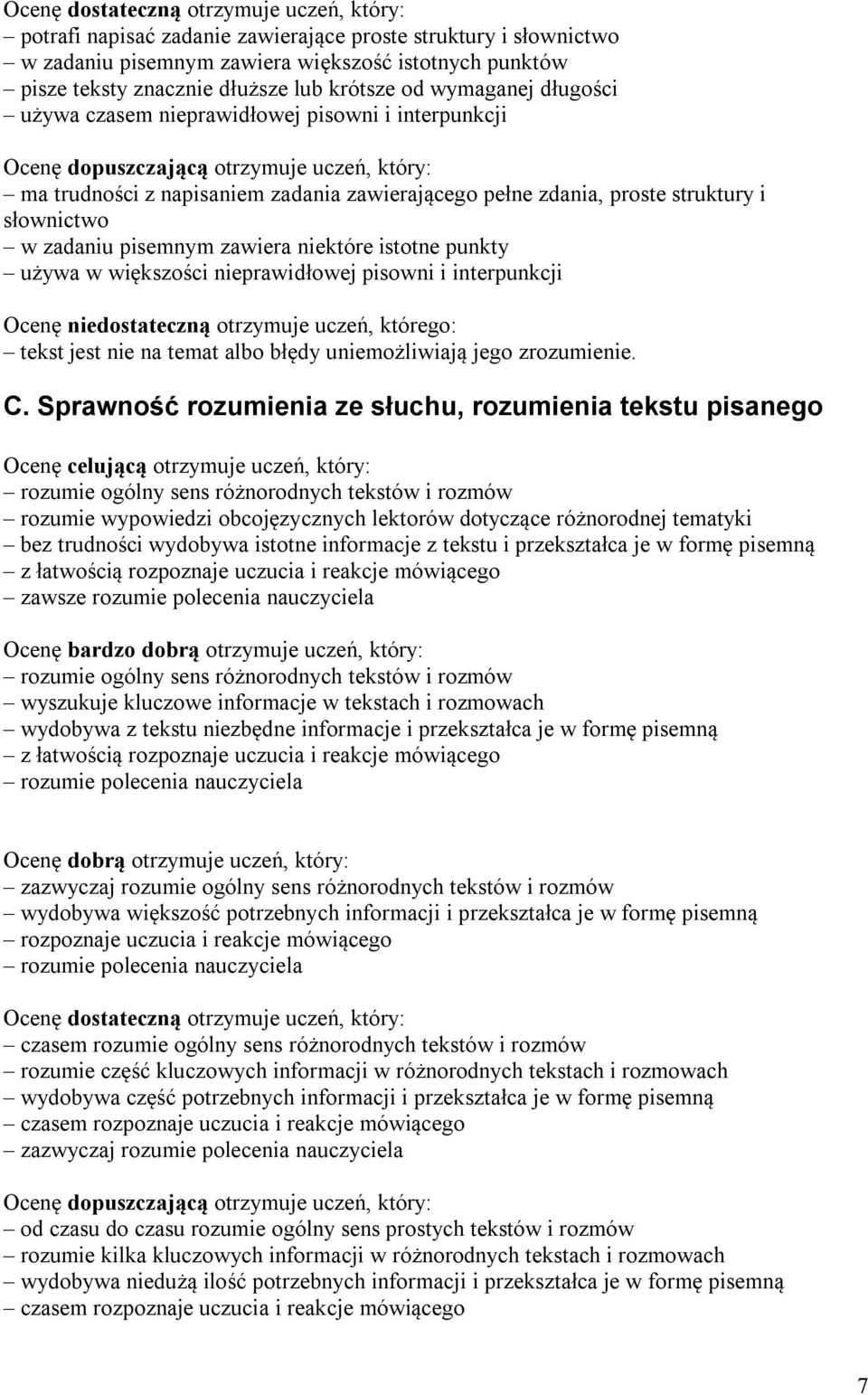 struktury i słownictwo w zadaniu pisemnym zawiera niektóre istotne punkty używa w większości nieprawidłowej pisowni i interpunkcji Ocenę niedostateczną otrzymuje uczeń, którego: tekst jest nie na