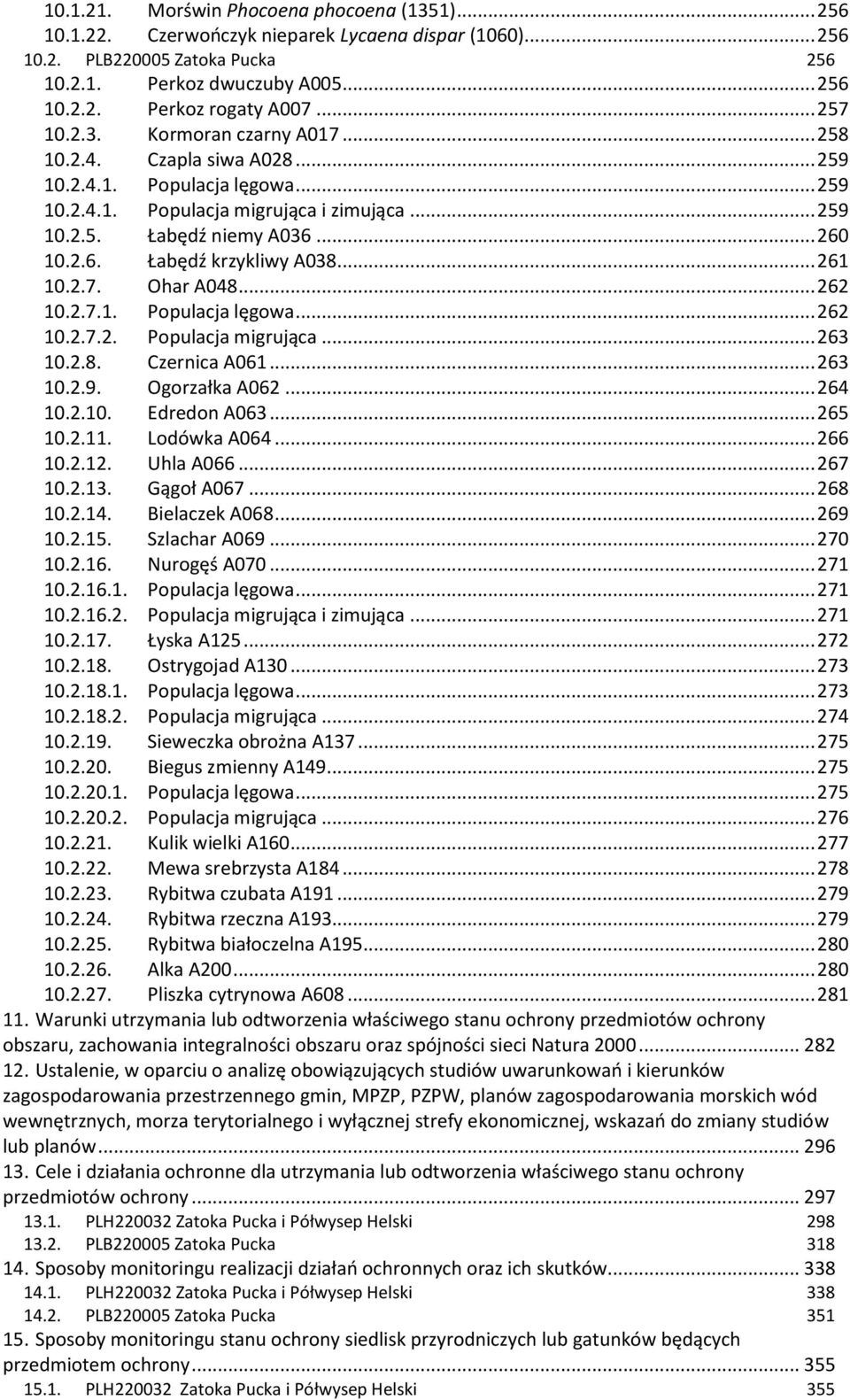 .. 260 10.2.6. Łabędź krzykliwy A038... 261 10.2.7. Ohar A048... 262 10.2.7.1. Populacja lęgowa... 262 10.2.7.2. Populacja migrująca... 263 10.2.8. Czernica A061... 263 10.2.9. Ogorzałka A062... 264 10.