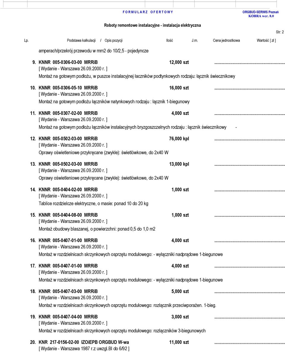 .. Montaż na gotowym podłożu łączników natynkowych rodzaju : łącznik 1-biegunowy 11. KNNR 005-0307-02-00 MRRiB 4,000 szt.