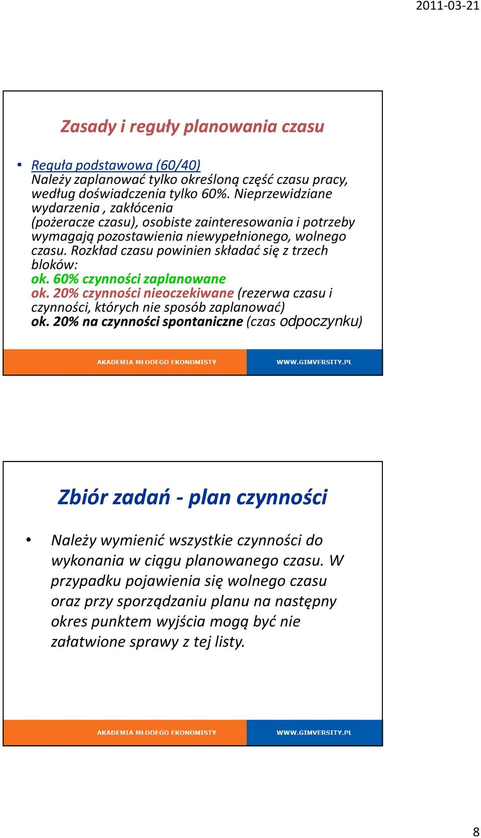 Rozkład czasu powinien składać się z trzech bloków: ok. 60% czynności zaplanowane ok. 20% czynności nieoczekiwane(rezerwa czasu i czynności, których nie sposób zaplanować) ok.