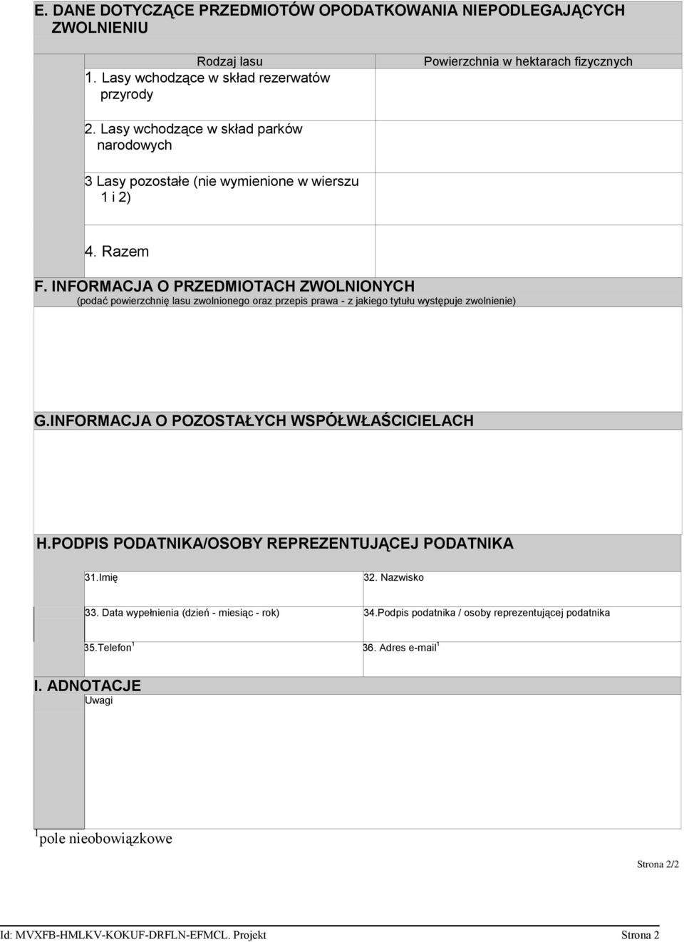 NFORMACJA O PRZEDMOTACH ZWOLNONYCH (podać powierzchnię lasu zwolnionego oraz przepis prawa - z jakiego tytułu występuje zwolnienie) G.NFORMACJA O POZOSTAŁYCH WSPÓŁWŁAŚCCELACH H.