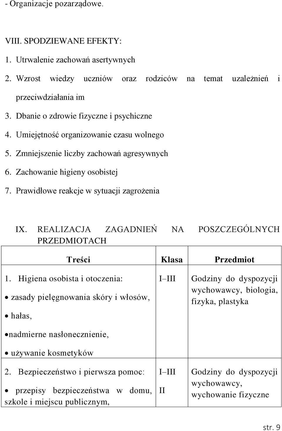 Prawidłowe reakcje w sytuacji zagrożenia IX. REALIZACJA ZAGADNIEŃ NA POSZCZEGÓLNYCH PRZEDMIOTACH Treści Klasa Przedmiot 1.