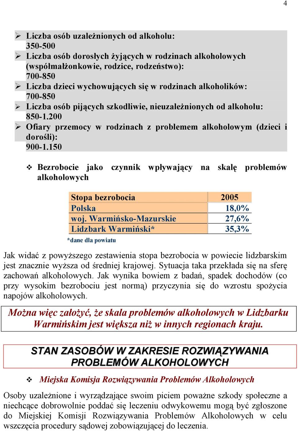150 Bezrobocie jako czynnik wpływający na skalę problemów alkoholowych Stopa bezrobocia 2005 Polska 18,0% woj.