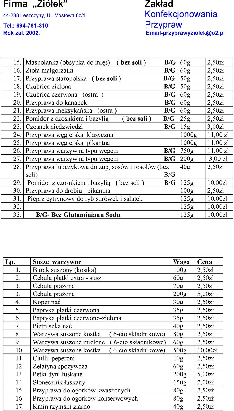 Czosnek niedzwiedzi B/G 15g 3,00zł 24. Przyprawa węgierska klasyczna 1000g 11,00 zł 25. Przyprawa węgierska pikantna 1000g 11,00 zł 26. Przyprawa warzywna typu wegeta B/G 750g 11,00 zł 27.