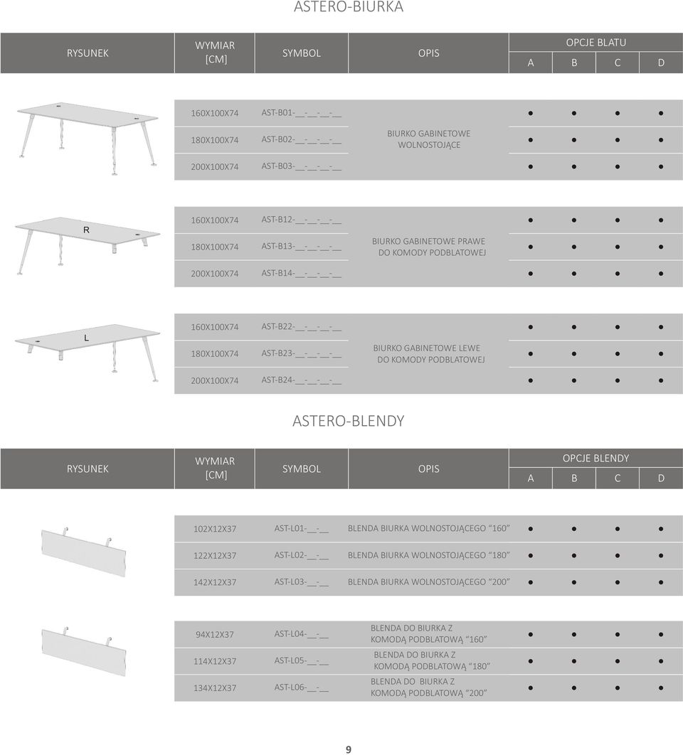 AST-B24- - - - ASTERO-BLENDY RYSUNEK SYMBOL OPIS A OPCJE BLENDY B C D 1021237 AST-L01- - BLENDA BIURKA WOLNOSTOJ CEGO 160 1221237 AST-L02- - BLENDA BIURKA WOLNOSTOJ CEGO 180 1421237 AST-L03- -