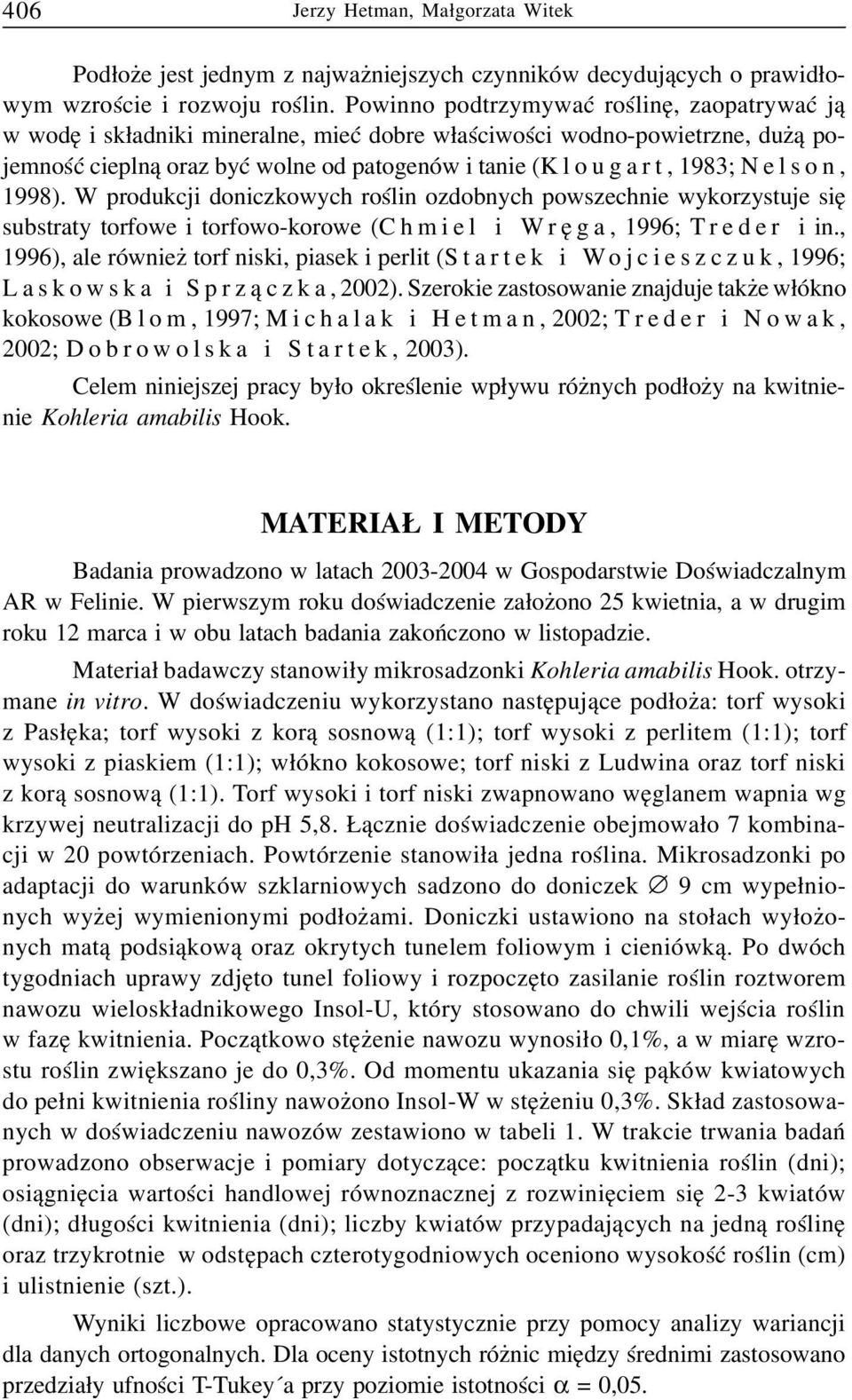 1998). W produkcji doniczkowych roœlin ozdobnych powszechnie wykorzystuje siê substraty torfowe i torfowo-korowe (Chmiel i Wrêga, 1996; T reder i in.