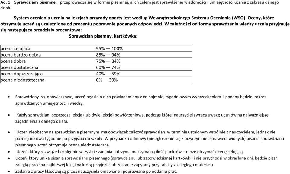 Wewnątrzszkolnego Systemu Oceniania (WSO). Oceny, które otrzymuje uczeń są uzależnione od procentu poprawnie podanych odpowiedzi.