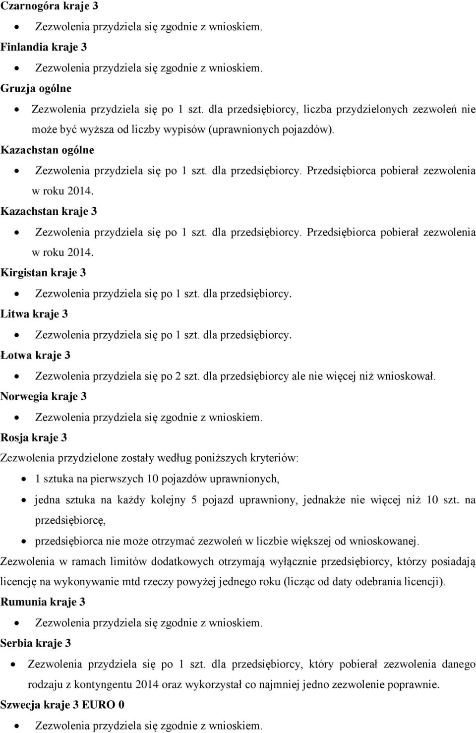 dla przedsiębiorcy. Litwa kraje 3 Zezwolenia przydziela się po 1 szt. dla przedsiębiorcy. Łotwa kraje 3 Zezwolenia przydziela się po 2 szt. dla przedsiębiorcy ale nie więcej niż wnioskował.