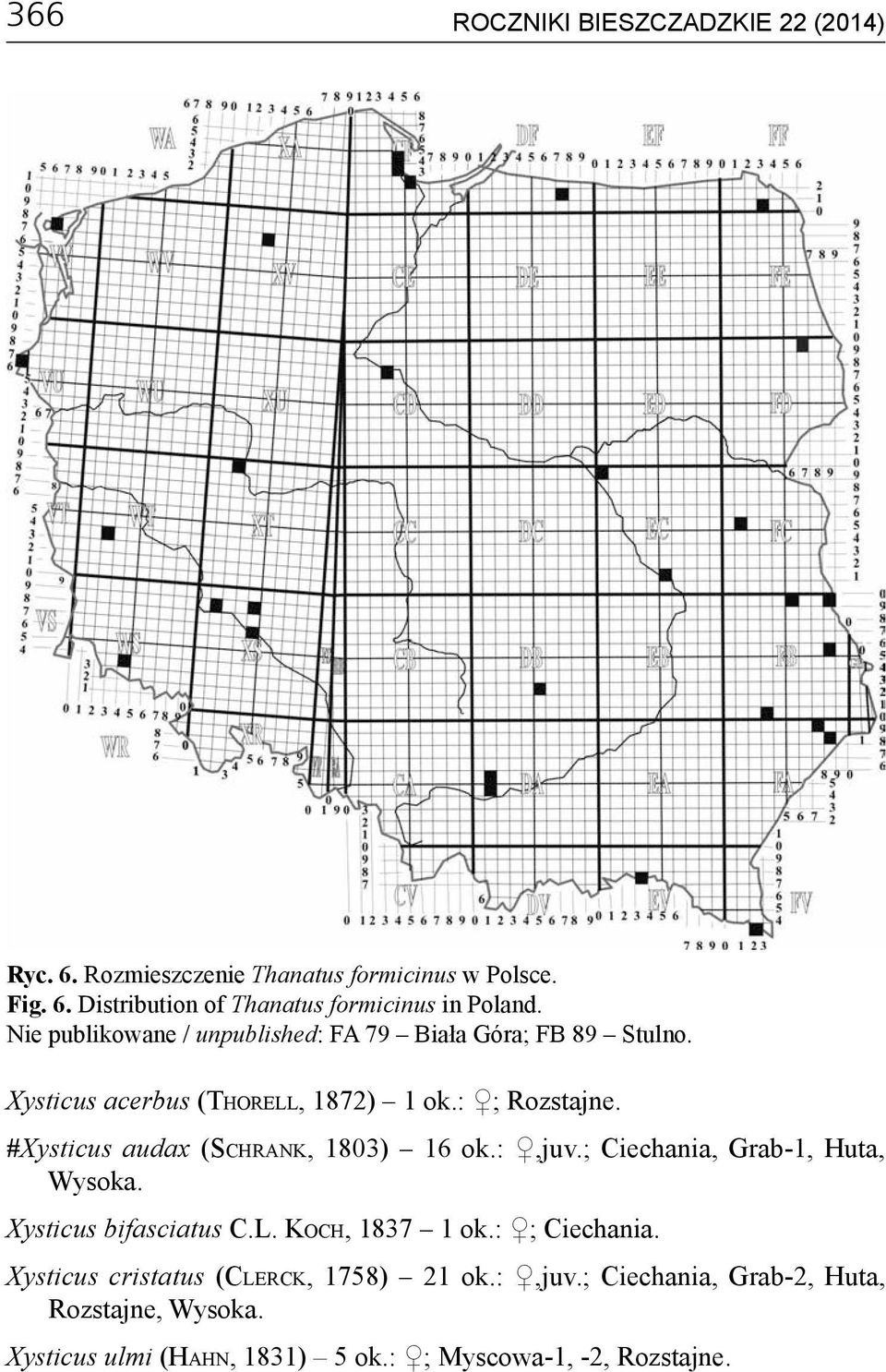 #Xysticus audax (Schrank, 1803) 16 ok.:,juv.; Ciechania, Grab-1, Huta, Wysoka. Xysticus bifasciatus C.L. Koch, 1837 1 ok.: ; Ciechania.