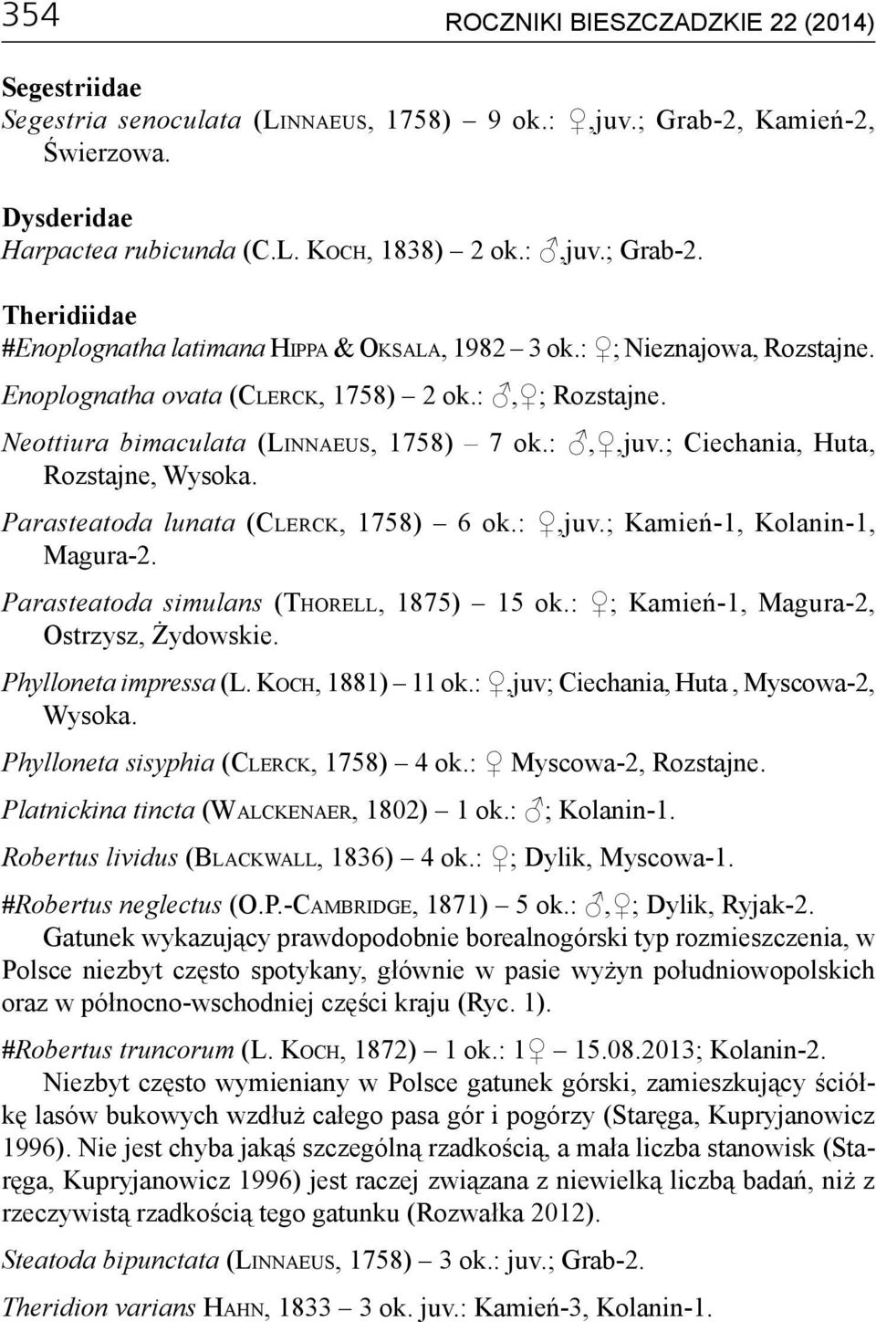 Parasteatoda lunata (Clerck, 1758) 6 ok.:,juv.; Kamień-1, Kolanin-1, Magura-2. Parasteatoda simulans (Thorell, 1875) 15 ok.: ; Kamień-1, Magura-2, Ostrzysz, Żydowskie. Phylloneta impressa (L.