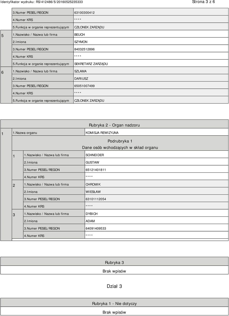 Nazwa organu KOMISJA REWIZYJNA Podrubryka 1 Dane osób wchodzących w skład organu 1 1.Nazwisko / Nazwa lub firma SCHNEIDER GUSTAW 3.