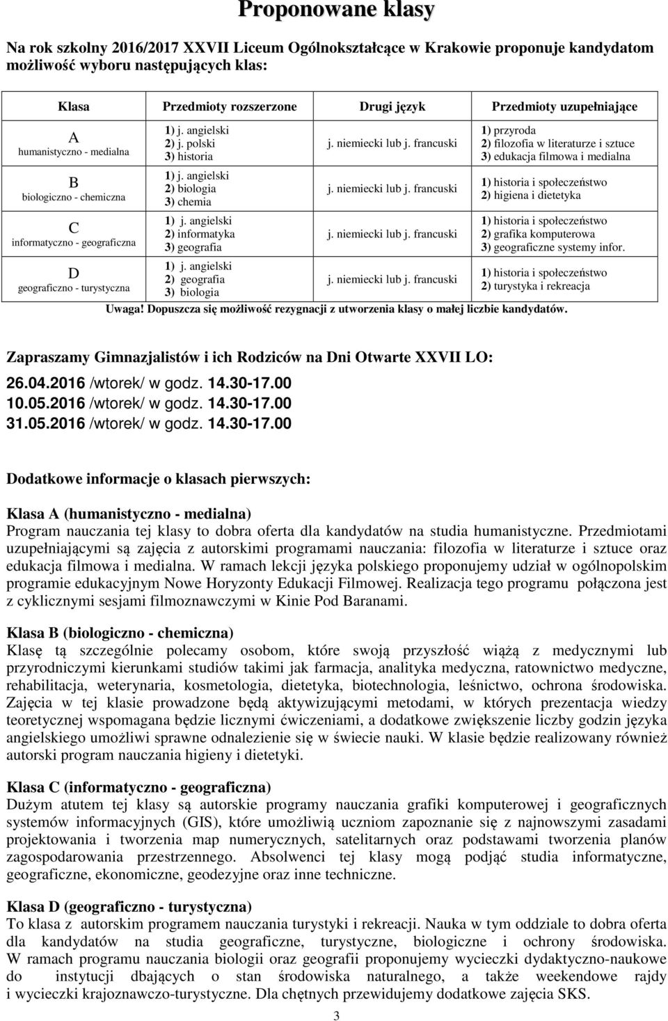 angielski 2) biologia 3) chemia 1) j. angielski 2) informatyka 3) geografia 1) j. angielski 2) geografia 3) biologia j. niemiecki lub j.