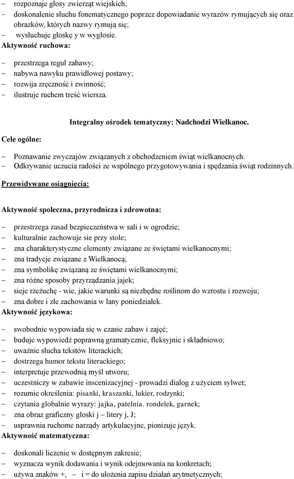 Cele ogólne: Poznawanie zwyczajów związanych z obchodzeniem świąt wielkanocnych. Odkrywanie uczucia radości ze wspólnego przygotowywania i spędzania świąt rodzinnych.