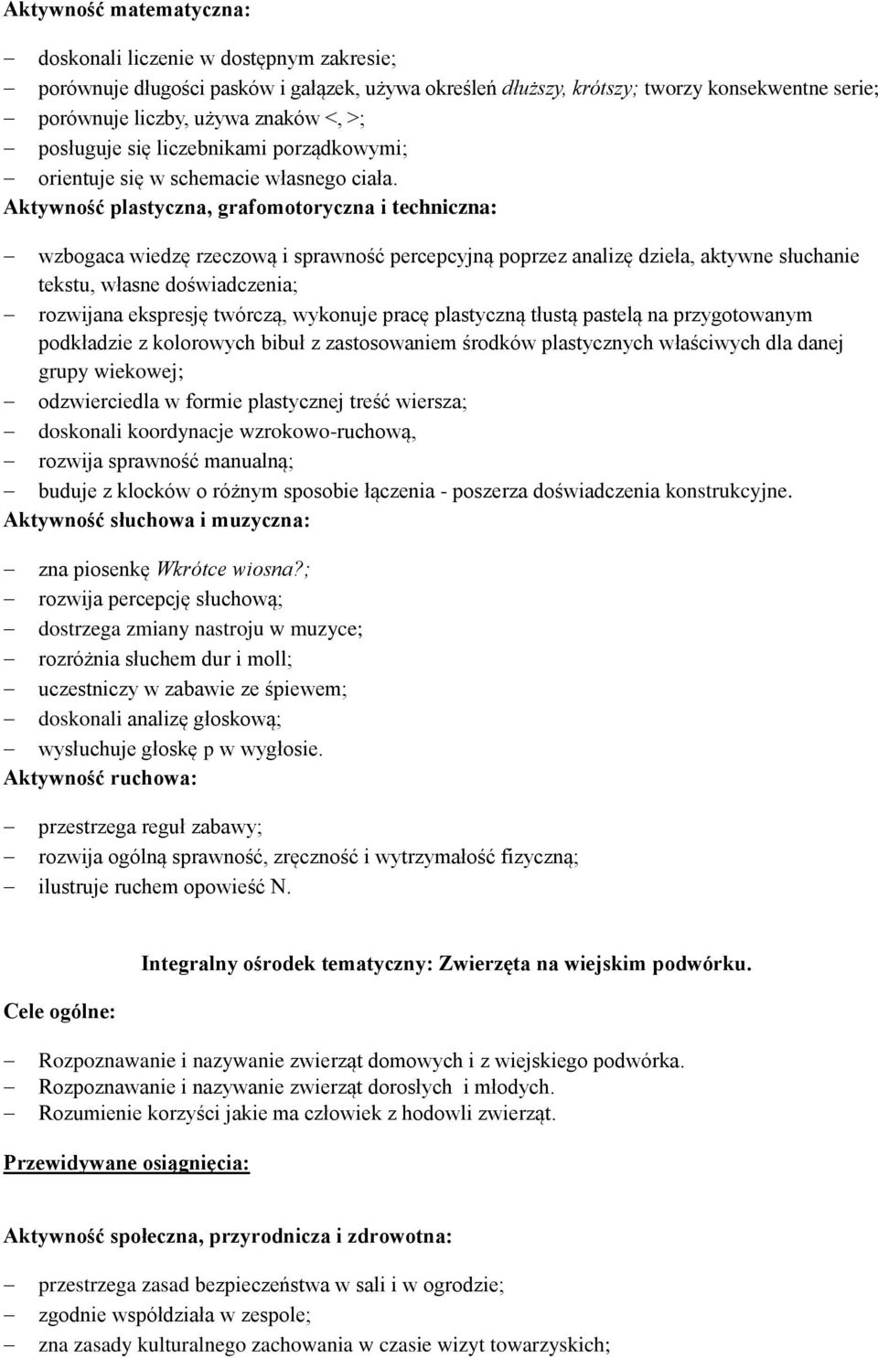 Aktywność plastyczna, grafomotoryczna i techniczna: wzbogaca wiedzę rzeczową i sprawność percepcyjną poprzez analizę dzieła, aktywne słuchanie tekstu, własne doświadczenia; rozwijana ekspresję