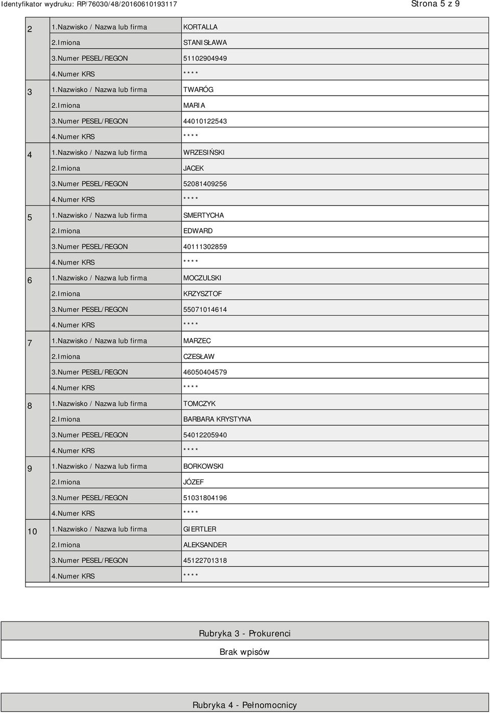 Nazwisko / Nazwa lub firma MOCZULSKI KRZYSZTOF 3.Numer PESEL/REGON 55071014614 7 1.Nazwisko / Nazwa lub firma MARZEC CZESŁAW 3.Numer PESEL/REGON 46050404579 8 1.