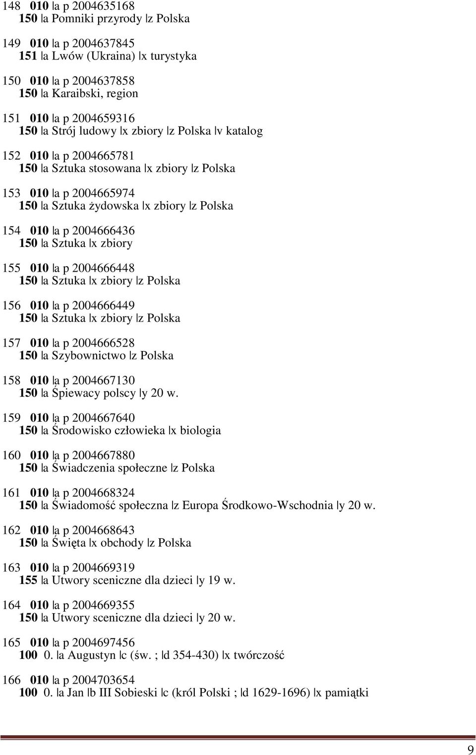 155 010 a p 2004666448 150 a Sztuka x zbiory z Polska 156 010 a p 2004666449 150 a Sztuka x zbiory z Polska 157 010 a p 2004666528 150 a Szybownictwo z Polska 158 010 a p 2004667130 150 a Śpiewacy