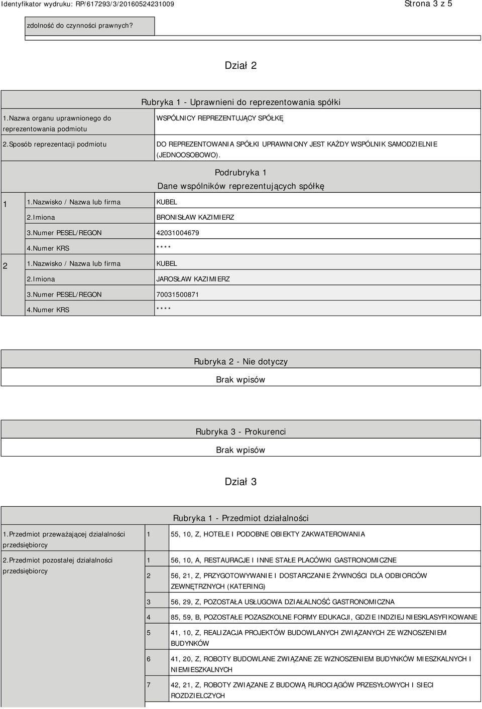 Nazwisko / Nazwa lub firma KUBEL Podrubryka 1 Dane wspólników reprezentujących spółkę BRONISŁAW KAZIMIERZ 3.Numer PESEL/REGON 42031004679 4.Numer KRS **** 2 1.