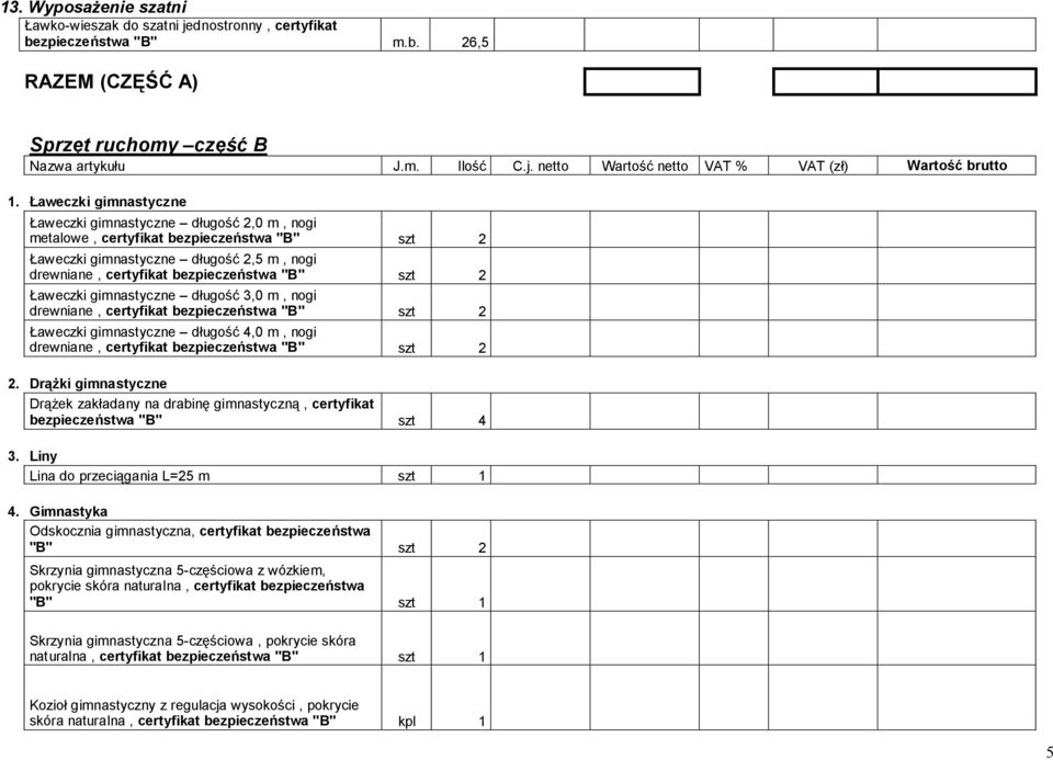 Ławeczki gimnastyczne długość 3,0 m, nogi drewniane, certyfikat bezpieczeństwa "B" szt 2 Ławeczki gimnastyczne długość 4,0 m, nogi drewniane, certyfikat bezpieczeństwa "B" szt 2 2.