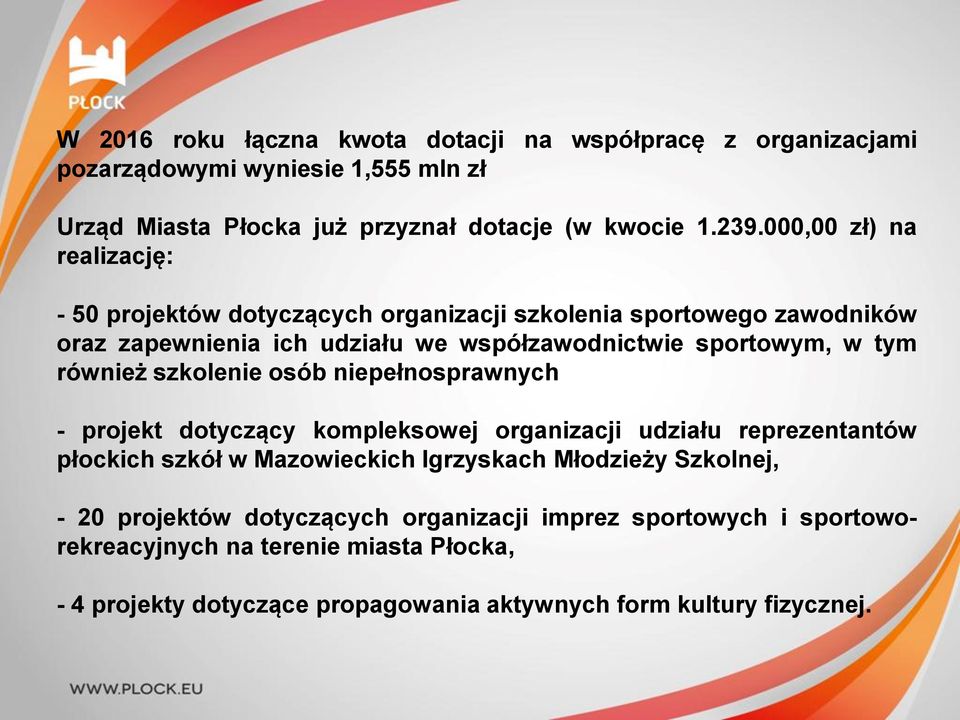 również szkolenie osób niepełnosprawnych - projekt dotyczący kompleksowej organizacji udziału reprezentantów płockich szkół w Mazowieckich Igrzyskach Młodzieży