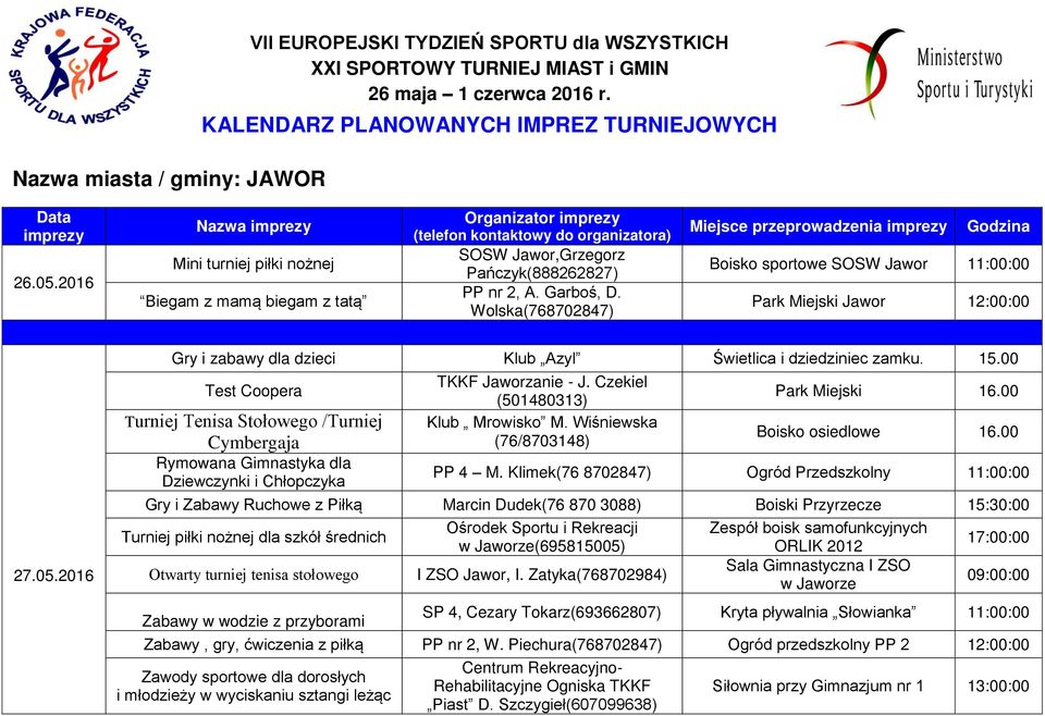 Wolska(768702847) Miejsce przeprowadzenia imprezy Godzina Boisko sportowe SOSW Jawor 11:00:00 Park Miejski Jawor 12:00:00 27.05.2016 Gry i zabawy dla dzieci Klub Azyl Świetlica i dziedziniec zamku.