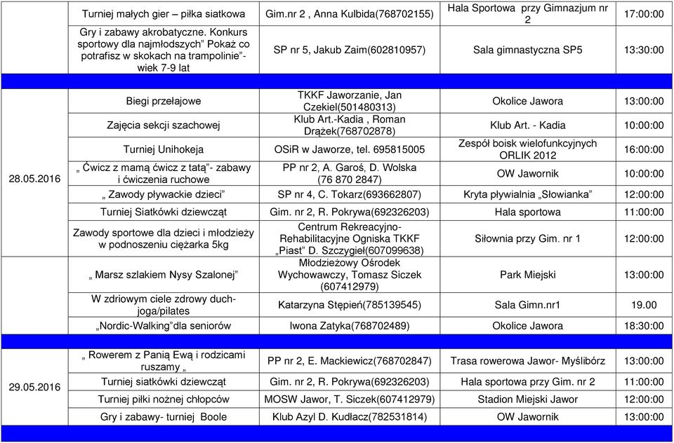 2016 Biegi przełajowe Zajęcia sekcji szachowej TKKF Jaworzanie, Jan Czekiel(501480313) Klub Art.-Kadia, Roman Drążek(768702878) Turniej Unihokeja OSiR w Jaworze, tel.