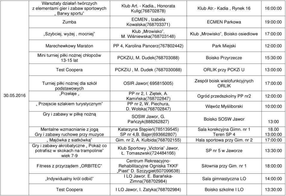 - Kadia, Rynek 16 16:00:00 ECMEN Parkowa 19:00:00 Klub Mrowisko, Boisko osiedlowe 17:00:00 Marechewkowy Maraton PP 4, Karolina Pancerz(767802442) Park Miejski 12:00:00 Mini turniej piłki nożnej