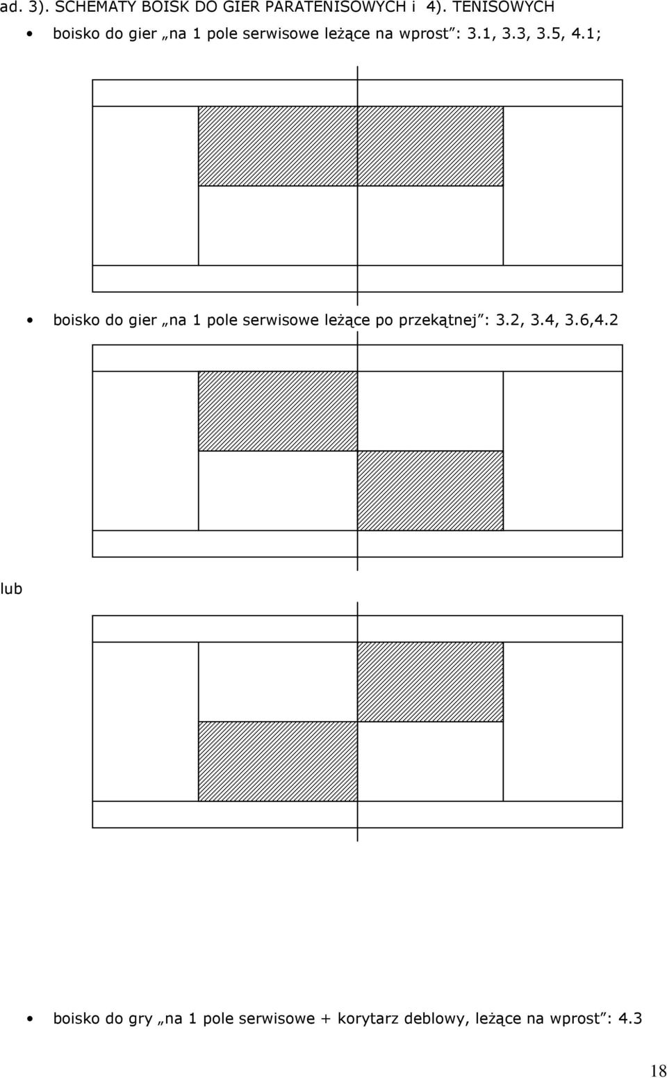 3, 3.5, 4.1; boisko do gier na 1 pole serwisowe leżące po przekątnej : 3.