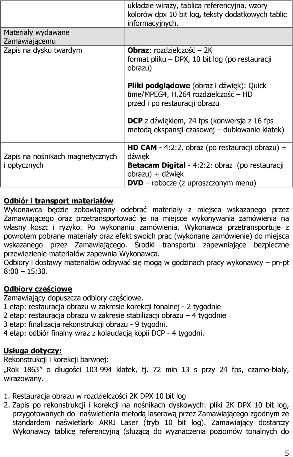 264 rozdzielczość HD przed i po restauracji obrazu DCP z dźwiękiem, 24 fps (konwersja z 16 fps metodą ekspansji czasowej dublowanie klatek) Zapis na nośnikach magnetycznych i optycznych HD CAM -