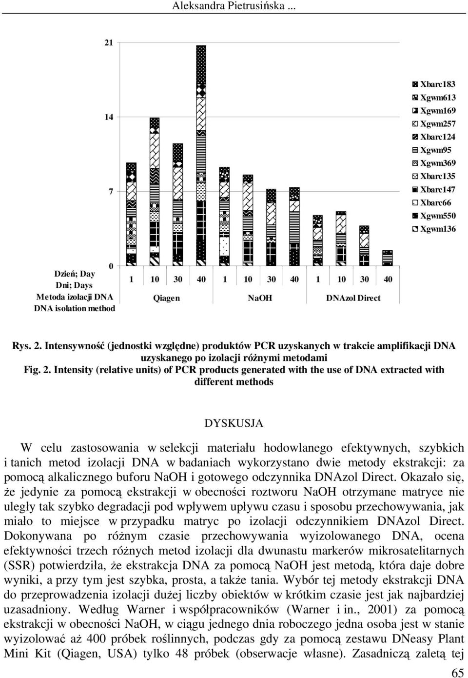 Intensywność (jednostki względne) produktów PCR uzyskanych w trakcie amplifikacji DNA uzyskanego po izolacji różnymi metodami Fig. 2.