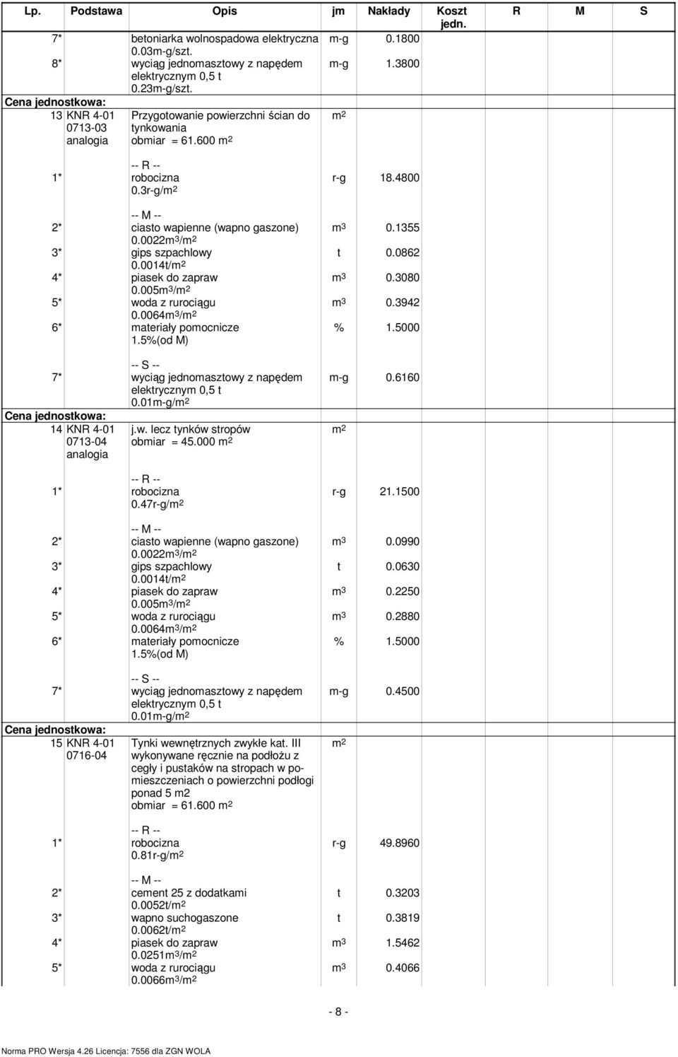 0022 / 3* gips szpachlowy 0.0014t/ 4* piasek do zapraw 0.005 / 5* woda z rurociągu 0.0064 / 7* wyciąg jednomasztowy z napędem elektrycznym 0,5 t 0.01m-g/ 14 KNR 4-01 0713-04 j.w. lecz tynków stropów obmiar = 45.