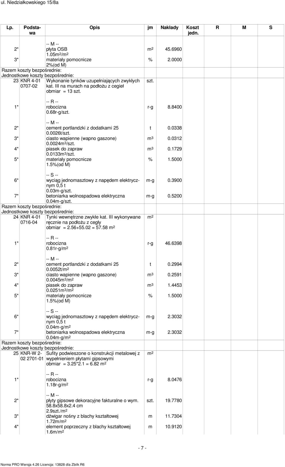 0133m 3 / 5* materiały pomocnicze 6* wyciąg jednomasztowy z napędem elektrycznym 0,5 t 0.03m-g/ 7* betoniarka wolnospadowa elektryczna 0.04m-g/ 24 KNR 4-01 0716-04 Tynki wewnętrzne zwykłe kat.