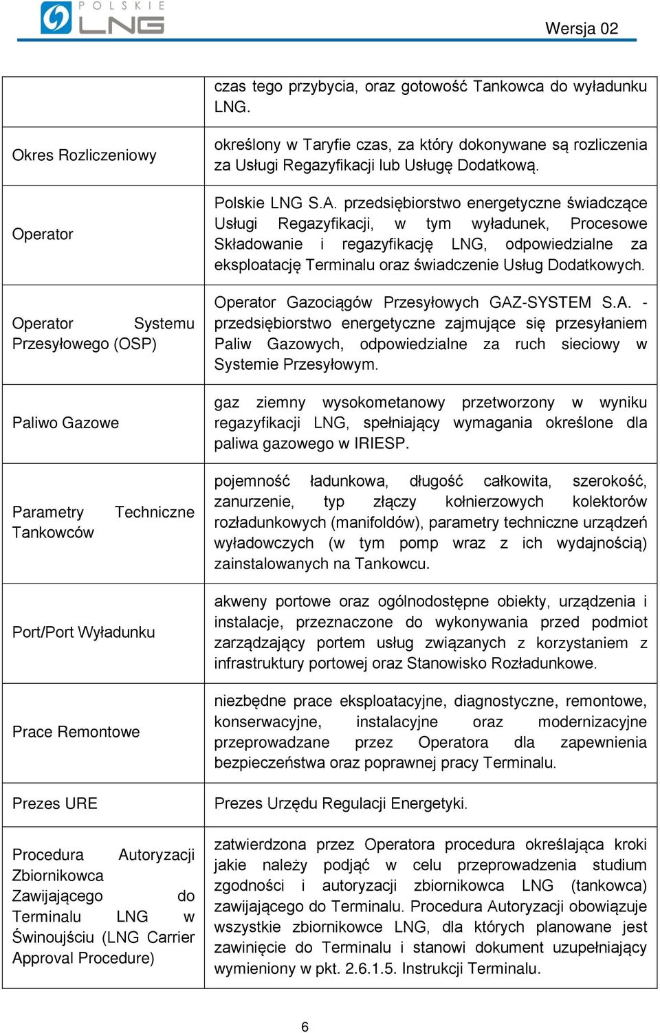 A. przedsiębiorstwo energetyczne świadczące Usługi Regazyfikacji, w tym wyładunek, Procesowe Składowanie i regazyfikację LNG, odpowiedzialne za eksploatację Terminalu oraz świadczenie Usług